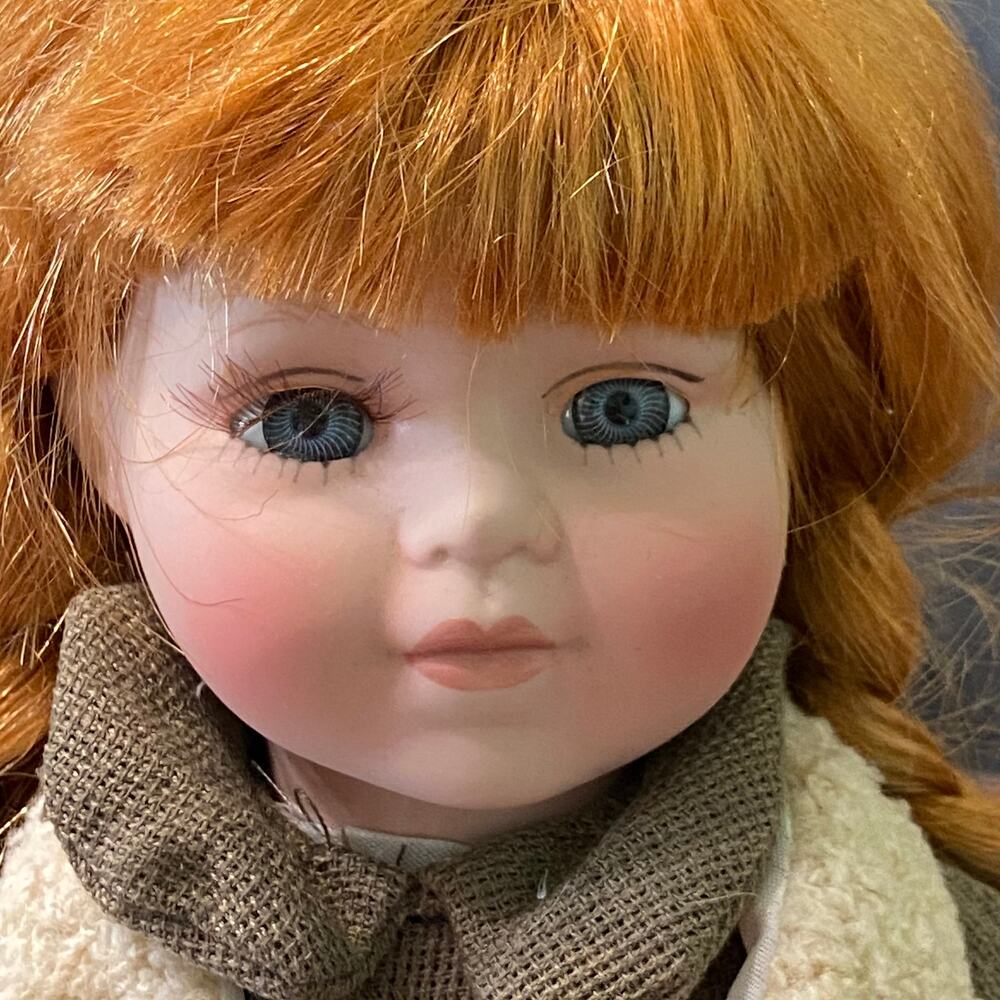 Vtg Porcelain Doll Blue Eyes Lashes Red Hair Braids Shoes Sherpa Vest Bloomers